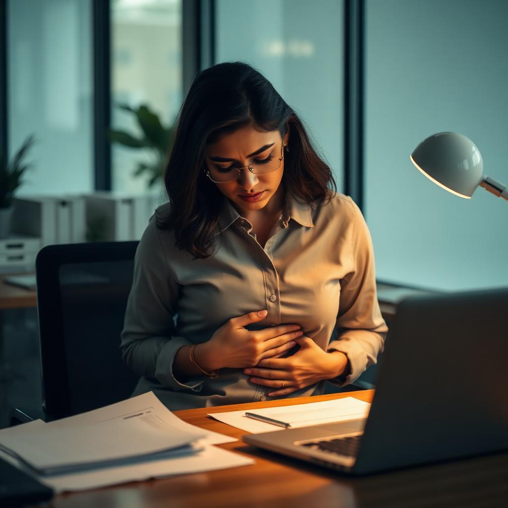 Professional woman experiencing stress-driven digestive discomfort at her desk